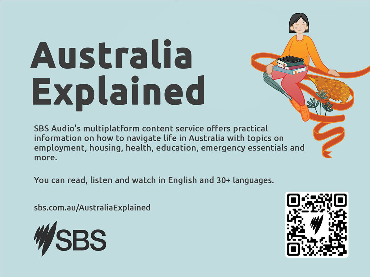 Static flyer image titled Australia explained and contains a QR code to the SBS Multiplatform content service.